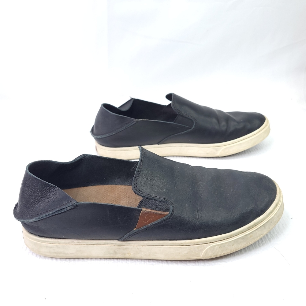 OluKai Pehuea Leather Slip On Shoes Floc Fox Black Slides 2 Way Loafers Size 8